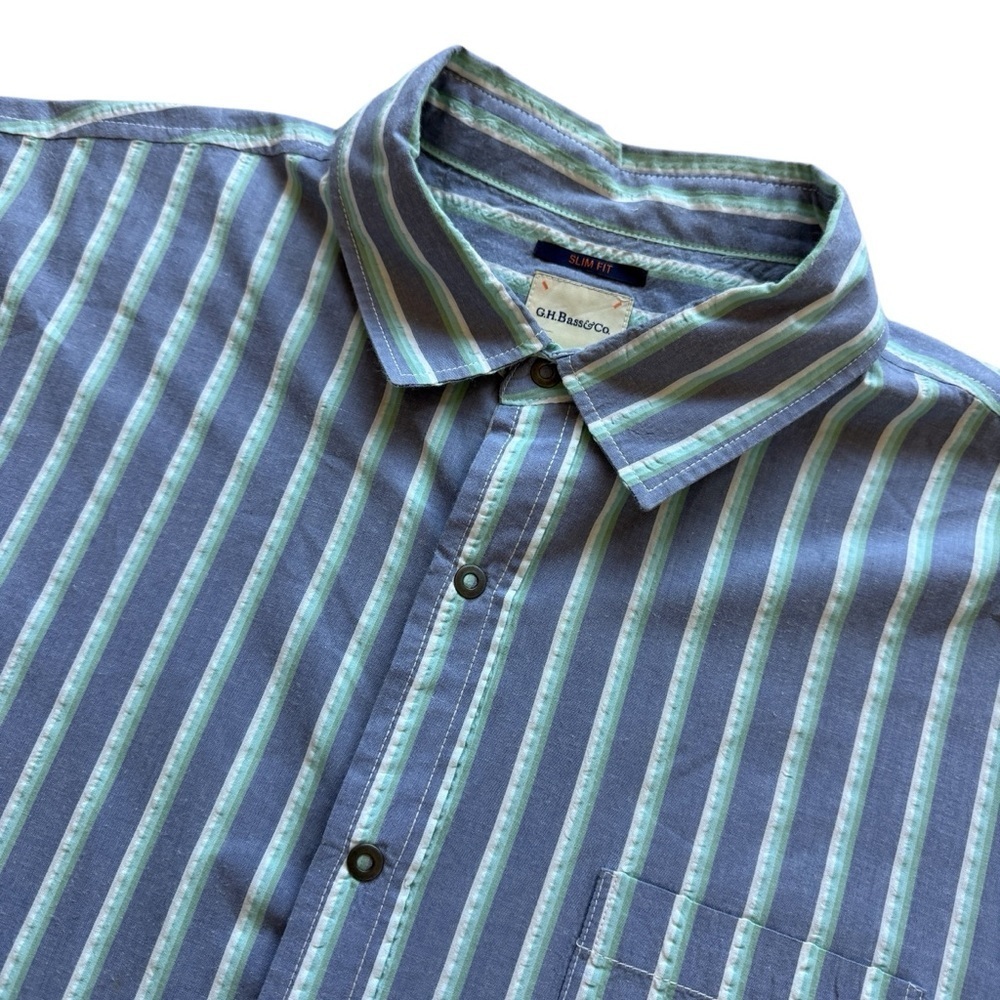 G.H. Bass & Co. Slim Fit Mens XL Blue Green White Striped Button-Up Shirt Cotton